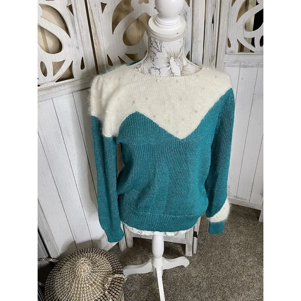 Vintage White Wheeler & Martha Green Cream Sweater Pearls Angora Size Medium